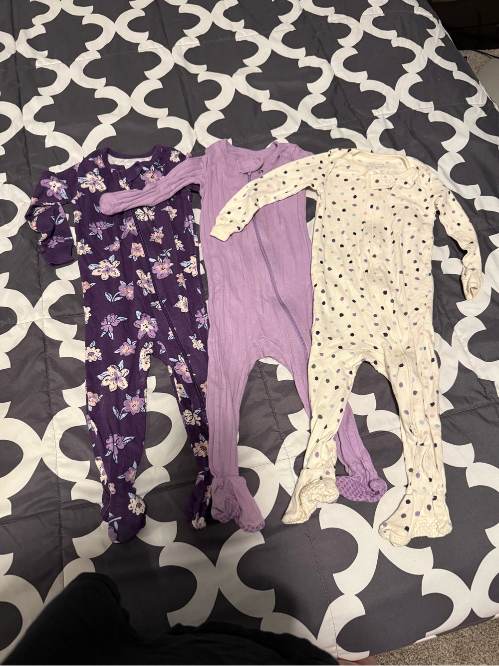 Girls Purple Floral, Lavender and Cream Polka Footed One-Pieces - 3 Pack